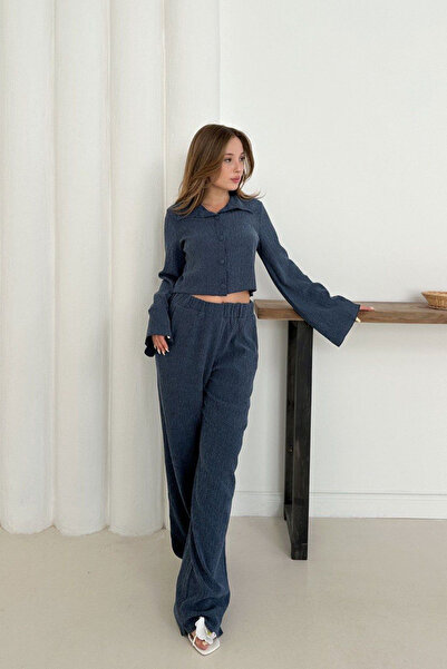 bacc Indigo Button Detailed Blouse and Loose Pants Bottom Top Knitted Fabric Set Bchn-254000