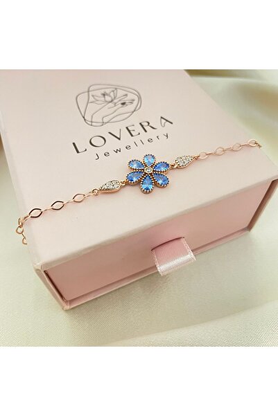 Lovera Jewellery 925 Ayar Gümüş Sertifikalı Rose Renk Mavi Taşlı Papatya Çiçe...