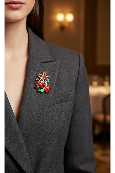 Efe Aks Yılbaşı Çanı Broş - Kristal Taşlı Kırmızı Yeşil Gold Yaka İğnesi