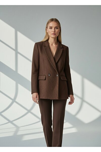 CEK mağazacılık Kadın Kahverengi Kaşe Kruvaze Oversize Blazer Ceket