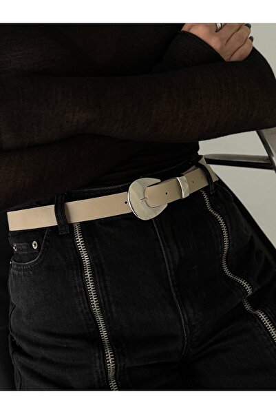 coaksco Women's Asymmetrical Oval Metal Buckle Beige Belt