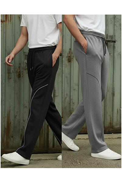 Sizce Moda 2 Pack Black |   Smoked Baggy Elastic Waist Wide Leg 2 Thread Fabric B Piped Sweatpants