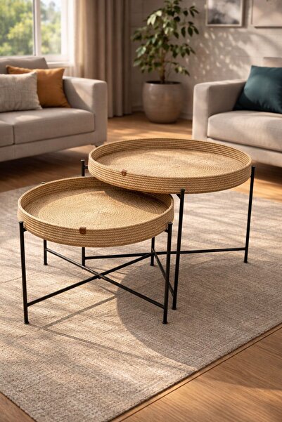 ELF CONSEPT Orta Sehpa İkili Hasır Renk 2'li Sehpa Set