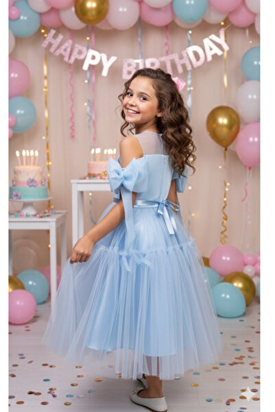 Minia Rochie de seară albastră tul pentru fete – cu fundă, cu spatele deschis...