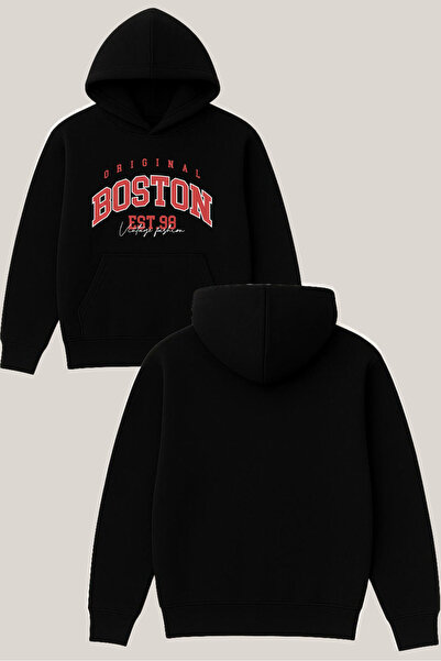 RawNox سويت شيرت بوسطن Est98 بتصميم أسود للجنسين قصة فضفاضة 3 Thread Ş مبطن ب...