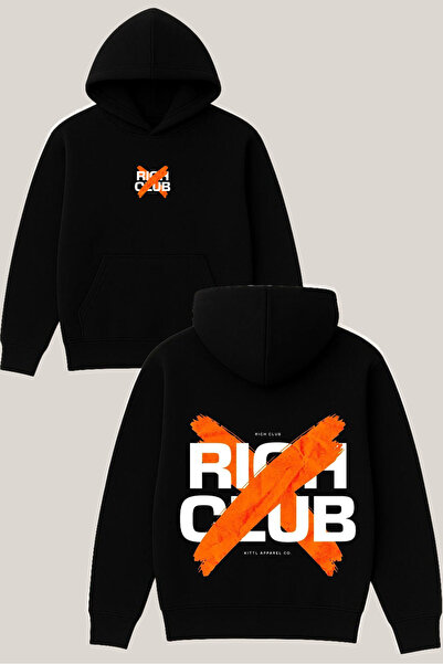 RawNox سويت شيرت ريتش كلوب ديزاين أسود للجنسين قصة فضفاضة 3 Thread Ş مبطن بالصوف K بغطاء رأس