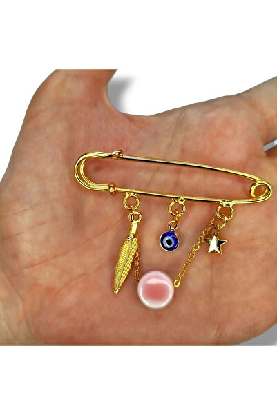 STE Pembe Taşlı, Altın Renk İskoç İğnesi – Kuş Tüyü, Nazar Göz ve Yıldızlı, E...