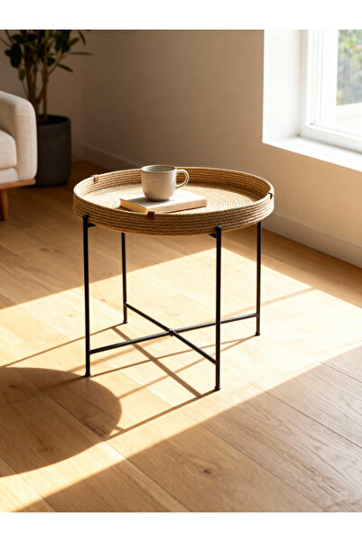 ELF CONSEPT Orta Sehpa Hasır Renk 60 Çap Sehpa Yan Sehpa Zigon Sehpa