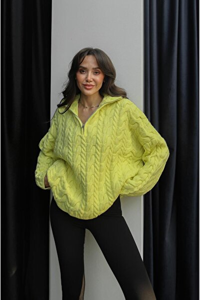 Havoş Neon Yellow Zippered Hair Knit Sweater