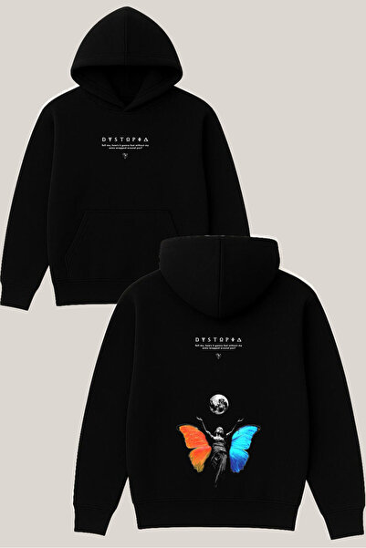 RawNox سويت شيرت دايستوبيا ديزاين أسود للجنسين قصة فضفاضة 3 Thread Ş مبطن بال...