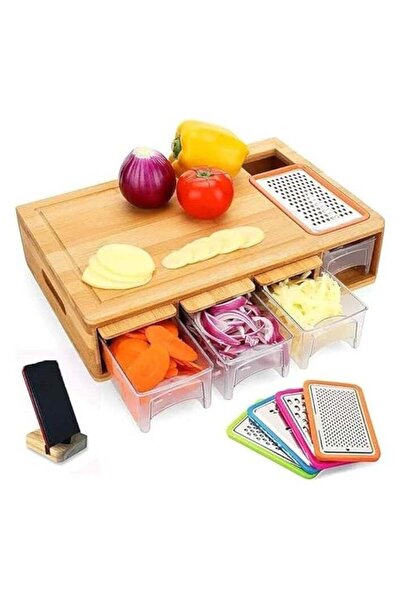 Promass Bamboo Cutting Boards with 4 Containers, 4 Graters, 1 Phone Holder