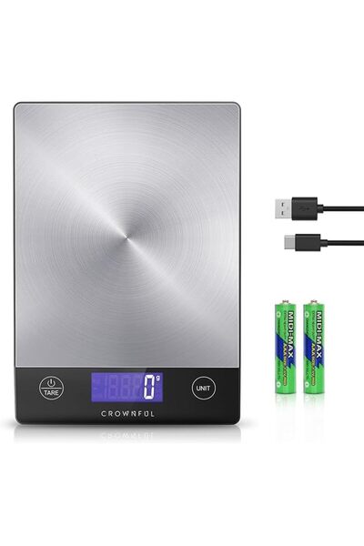 CROWNFUL ميزان طعام رقمي قابل لإعادة الشحن مصنوع من الفولاذ المقاوم للصدأ 304، سعة 15 كجم، يقيس بالجرام والأونصة.