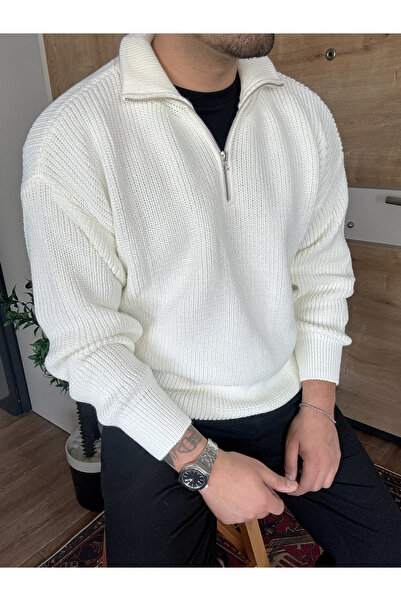 blucombin Oversize Yarım Fermuarlı Kazak Kalın Örme