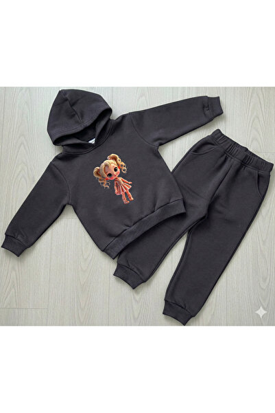 Machi Girl's Printed Anthracite Hooded Tracksuit Set Cotton 2-Piece Bottom and Top Set