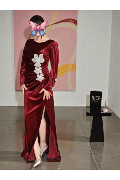 Nice Model Burgundy Velvet Evening Dress with Crystal Floral Embellishments & Long Sleeves for Formal Events