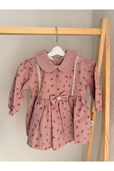 Babudi Çiçek Desenli Yakalı Kız Bebek Elbisesi