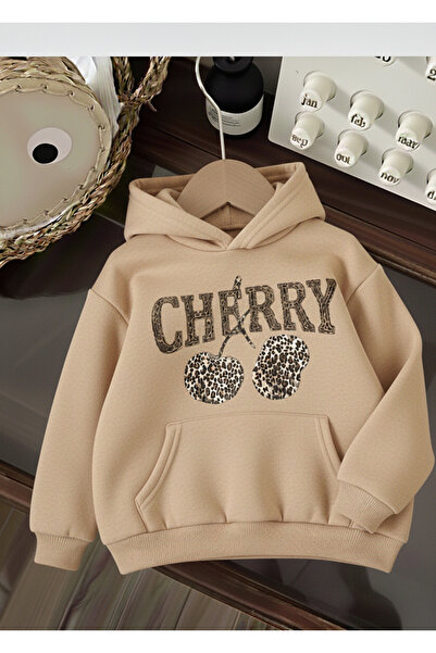 Mayer Butik Leopard Patterned Cherry Printed Hooded Kangaroo Pocket Cotton Sw...