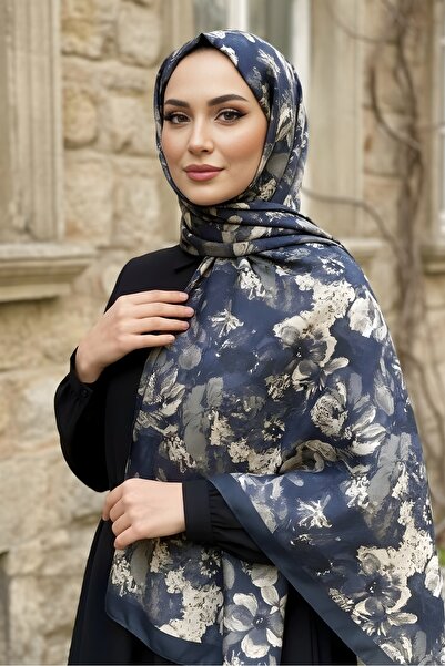 İmajButik Navy Blue İpekhan Soft Digital Cotton Shawl
