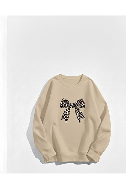 Mayer Butik Leopard Pattern Ribbon Printed Crew Neck Sweatshirt