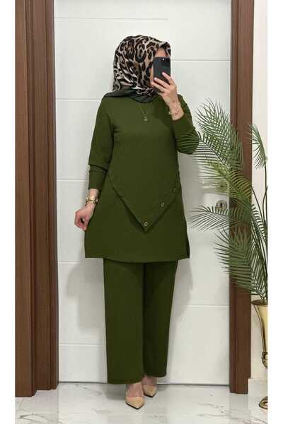 modasura 3370 K 90 haki düğme detay fitilli burgu kumaş tunik pantolon takım ...