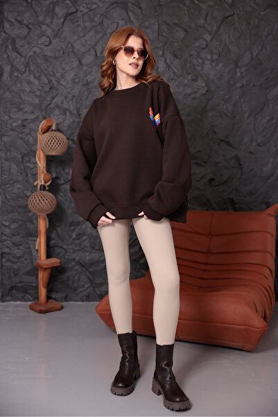 Kadın Kahverengi Oversize Sweatshirt- Renkli Kelebek Baskılı