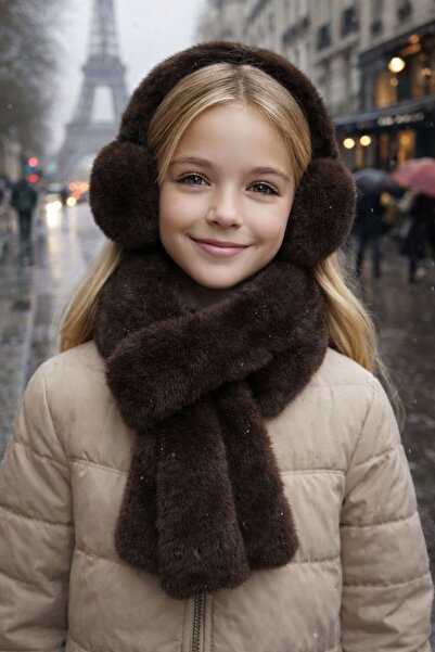 MARBERRY Set de 2 căști și guler pentru gât pentru fete, din pluș cu textura moale, maro închis