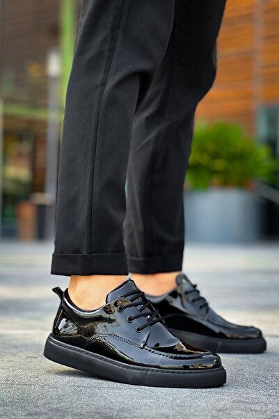 Mhoda Shoes Rlx-X5 Men's Lace-Up Casual Patent Leather Sneaker Shoes Rst - Black