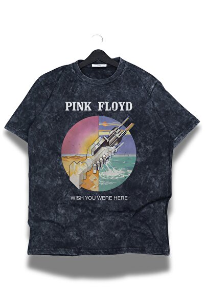 Fuddy Moda Unisex Wish You Were Here Printed Washed T-Shirt, Oversized Pink Floyd Themed Retro Tee Shirt