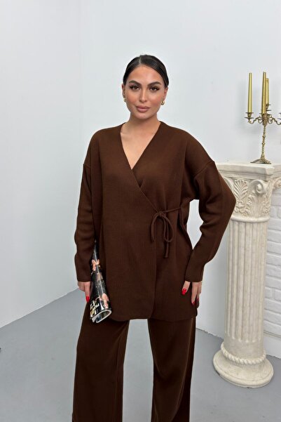 spirituel Women's Two-Piece Top and Bottom Set Knitwear Side Lace-Up K Double-Breasted Cardigan Wide-Leg Pants Knitted Set