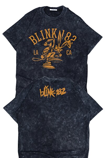 Fuddy Moda Unisex Blink 182 Ense Printed Washed T-Shirt, Oversized Rock Band Themed Vintage Tee Shirt