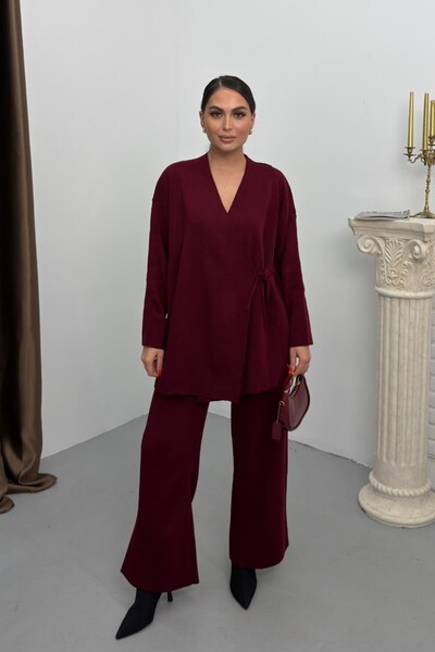 spirituel Women's Two-Piece Top and Bottom Set Knitwear Side Lace-Up K Double-Breasted Cardigan Wide-Leg Pants Knitted Set