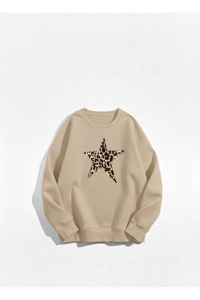 Mayer Butik Leopard Patterned Star Printed Crew Neck Oversized Sweatshirt