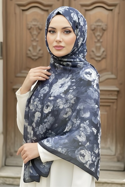İmajButik Navy Blue İpekhan Soft Digital Cotton Shawl