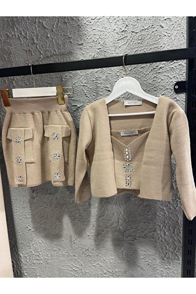 KOKOŞ BEBEK طقم بلوزة بحمالات للفتيات مع سترة وتنورة تريكو مزينة بأحجار الماس