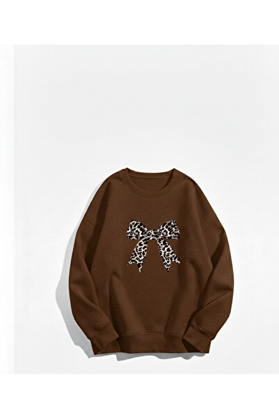 Mayer Butik Leopard Pattern Ribbon Printed Crew Neck Sweatshirt