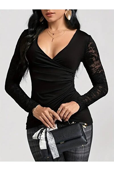 Giyimodam Women's Long Sleeve Lace Double-Breasted Collar Side Gathered Viscose Blouse