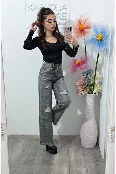 KATYDEA STORE WideLeg jeans with embossed crystals in grey ROSE