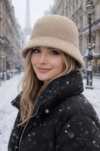 BALIENTE قبعة نسائية من الفرو الصناعي بتصميم دلو مع أزرار من صوف الجمل