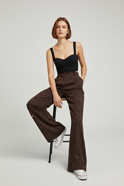 SLAY BUTİK Taşlı Palazzo Pantolon Acı Kahve