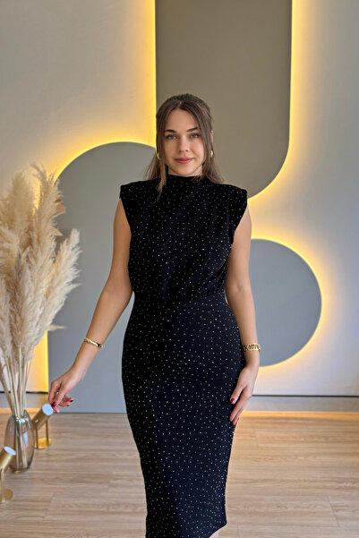 Aventien Stone Decorated Shoulder Pad Piece Black Midi Dress