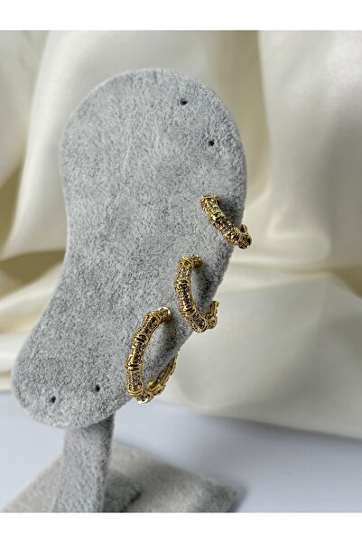 divakse Steel Earrings Set of Three Bone Model Zircon Stone Gold