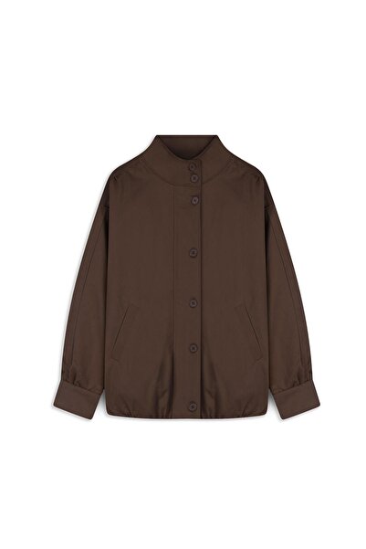 praye Mock Neck Shirred Canvas Jacket Brown