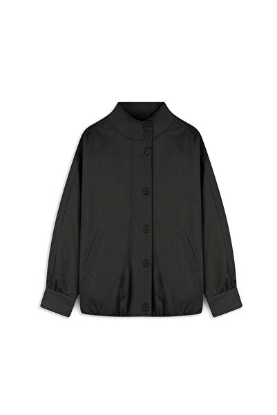 praye Mock Neck Drawstring Canvas Jacket Black