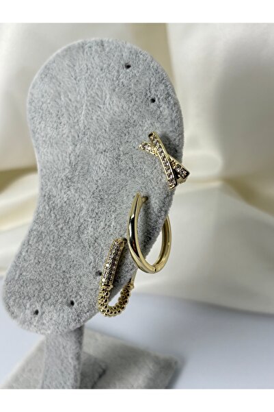 divakse Steel Earrings Set of Three with Zircon Stones Xox Model Gold