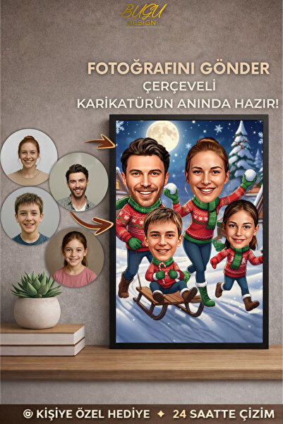 Bugucreative Kişiye Özel Aile Karikatürü Çerçeveli Tablo,Yılbaşı Hediyesi,Noe...
