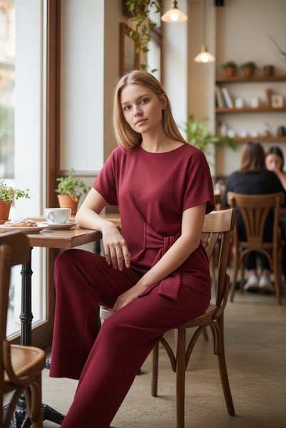 Bibedenstil Women's Burgundy Bürümcük Fabric Large Size Tie-Dye Detailed Double Top and Bottom Sporty Stylish Daily Office Set