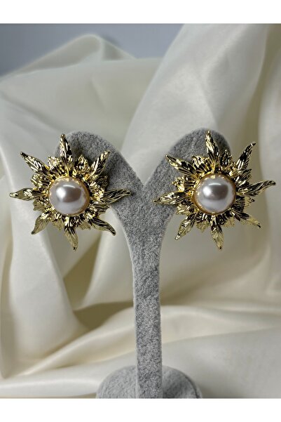 divakse Earrings Brass Plated with Pearls Large Sun Model Gold
