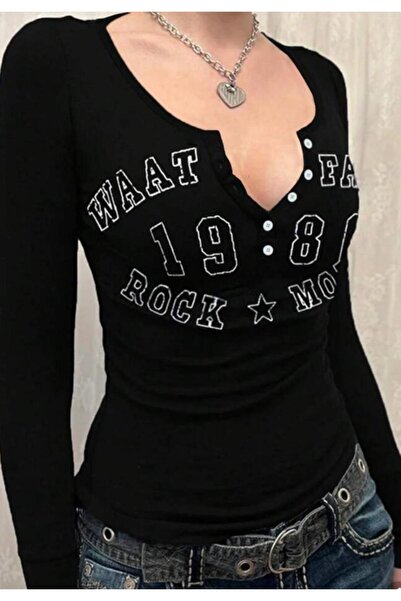 Karakedi Rock More 1986 V-Neck Buttoned Long Sleeve Half Body