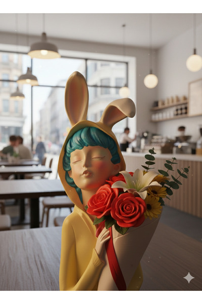İki Cadı Tasarım Buketli Tavşan Kız Dekoratif Polyester Obje