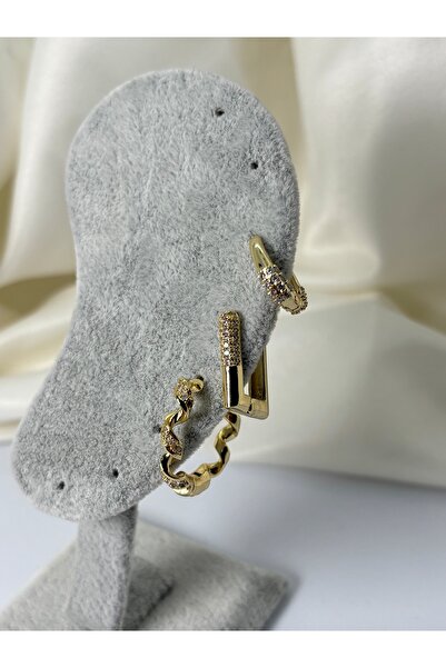 divakse Steel Earrings Set of Three Curved Model with Zircon Stones Gold